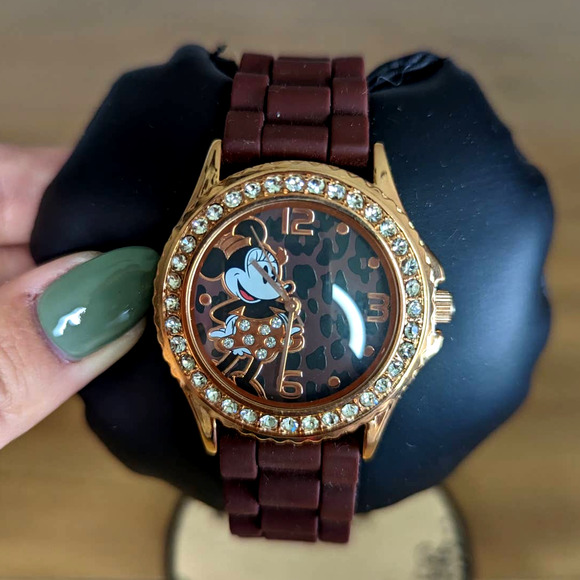 Disney Accessories - Disney Accutime Gold Minnie Mouse Rhinestone Watch Brown Silicone Band